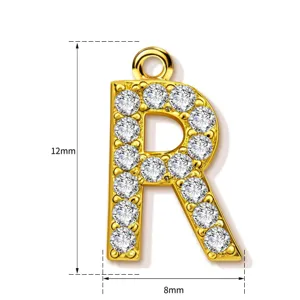 Gold letter R pendant charm, sparkling cubic zirconia, DIY jewelry accessory, 12x8mm size.