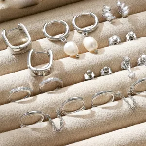 Silver hoop earring set cartilage earrings crystal pearl detail close up view display