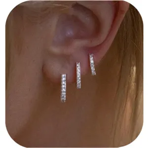 Elegant small pavé cubic zirconia hoop earrings set, trendy multi-piercing silver jewelry.