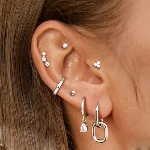 Silver piercing set for women multiple cartilage earrings with cubic zirconia sparkle