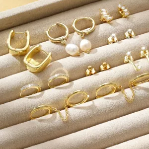 Gold hoop earrings set for women multi-style pearl crystal earrings chic fashion jewelry