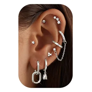 Silver multi-piece ear piercing set cartilage earrings minimalist fashion trend women jewelry