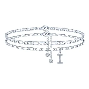 Catena da caviglia multistrato argentata da donna con zircone cubico lettera I charm gioiello