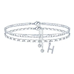 Cavigliera doppia in argento con ciondolo lettera H in cristallo brillante da donna