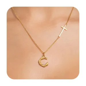 Fashion gold initial necklace with bamboo letter C pendant and cross detail for women daily wear.