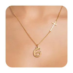 Fashion minimalist initial bamboo letter G pendant necklace with delicate cross for women chic