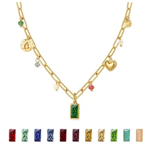Womens Fashion Layered Paperclip Chain Necklace With Colorful Birthstone Pendant Elegant Rhinestone Charm Jewelry Gift
