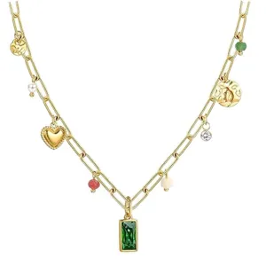 Elegant gold paperclip chain necklace with green gem, heart and pearl charms for women.