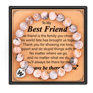 Bracelet de perles en pierre de jaspe zébré rose naturel initiale W cœur cadeau meilleure amie