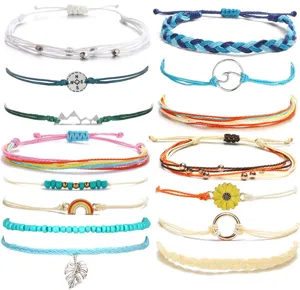 Detailed view of handmade braided string stacking bracelets featuring multiple cute charms.