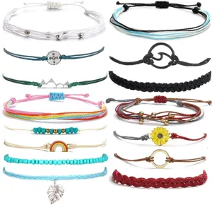 Handcrafted woven rope charm bracelets set featuring wave, compass and sunflower designs.