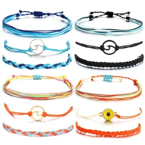 Handmade braided rope bracelet set, surf style beach anklet with wave and sunflower charms.