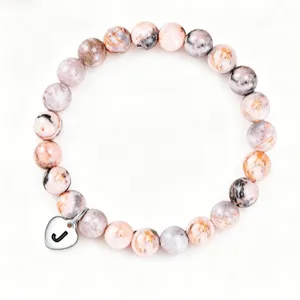 Bracelet de perles en jaspe zébré rose avec charm cœur lettre initiale J cadeau femme