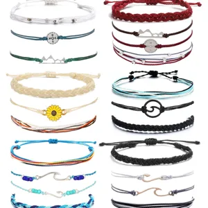 Handmade Woven Cord Bracelet Anklet Set Starry Compass Wave Mountain Sunflower Charm Surfing Foot Jewelry For Men Women Unisex Gift