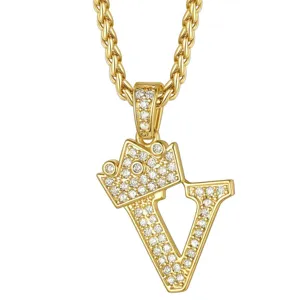 Collana con ciondolo lettera V corona hip hop oro strass gioielli moda per uomo