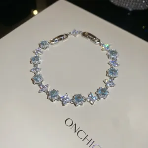 Elegant blue zircon clover bracelet, luxury sparkling silver chain for women jewelry.