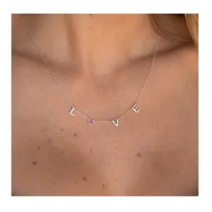 Silver letter necklace with pink birthstone elegant clavicle chain for women birthday gift