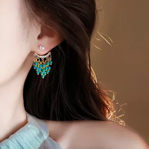 Korean style chic turquoise fringe drop earrings with pearl stud and shiny zircon elements.