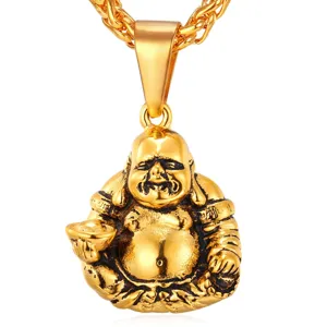 Gouden lachende Boeddha hanger ketting voor heren hip hop mode sieraden cadeau item