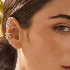 Detailed view of stylish silver cartilage ear cuffs set, elegant daily jewelry gift for women
