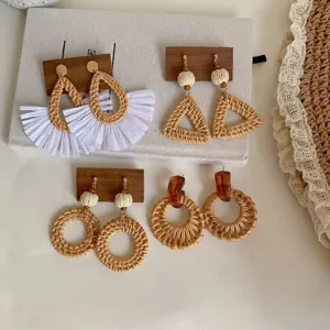 Zomer Vakantie Rattan Geweven Geometrisch Hanger Oorbellen Handgemaakt Stro Statement Oorbellen Voor Vrouwen Sieraden