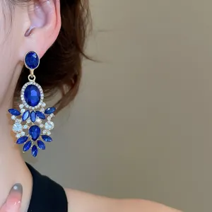 Style cour française boucles d'oreilles gland strass pierre bleue élégantes femme