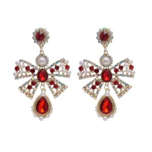 Boucles d'oreilles pendantes nœud strass rouge style cour française bijoux femme luxe