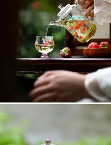 Beautiful strawberry glass teapot detail view, high borosilicate heat resistant tea set.