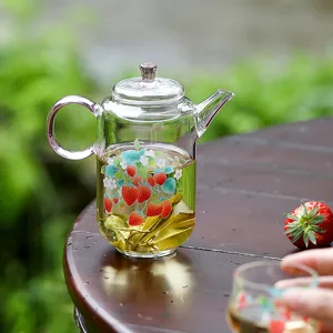 Strawberry High Borosilicate Glass Teapot Heat Resistant Tea Infuser With Pink Handle Floral Print Cute Household Teaware