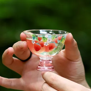 Glass tea cup with strawberry pattern, elegant single tasting cup for women kung fu tea tasting.