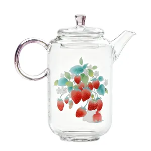 Clear glass teapot with pink handle and cute strawberry pattern, high borosilicate heat resistant.