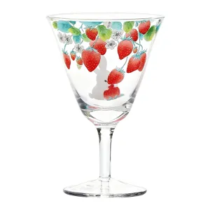 Clear glass goblet with strawberry and rabbit pattern, high-foot tea cup for daily use.