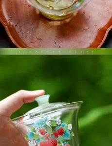 Glazen Gaiwan theekop met aardbeienpatroon, hittebestendige borosilicaat theeset.