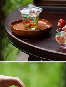 Glazen gaiwan theekop set met schattig aardbei patroon, hittebestendig borosilicaat, detail.
