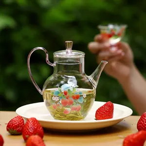 Clear glass teapot with cute strawberry pattern, pink handle, heat-resistant borosilicate tea maker