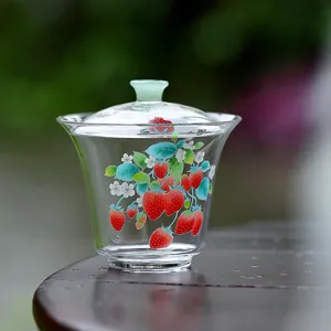 Hoog borosilicaatglas Gaiwan aardbeienpatroon hittebestendige theekom met deksel Chinese Kung Fu theeset