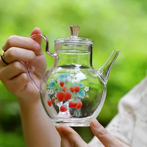 Clear glass teapot with strawberry pattern, handheld borosilicate glass tea maker for home use