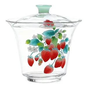 Doorzichtige glazen gaiwan theepot met schattig aardbeienmotief voor dagelijks gebruik.