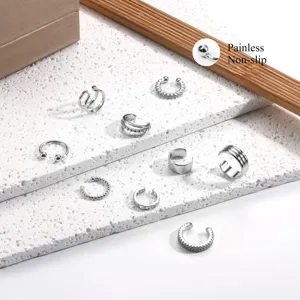 Minimalist non-piercing silver ear cuffs set, chic everyday geometric clip-on earrings.