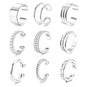Minimalist silver ear cuffs set, non piercing clip on earrings for women and men fashion.