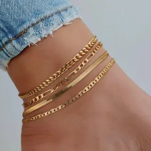 Gold layered anklets set Cuban chain foot jewelry delicate summer beach accessory