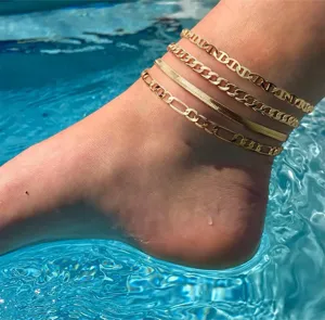 Gold multi-layer chain anklet set, stainless steel summer foot jewelry for women beach.