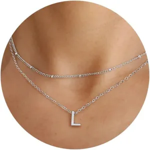 Collana a Doppio Strato con 26 Lettere Iniziali per Donne Europee e Americane in Acciaio Inossidabile con Perline di Riso Collana a Girocollo