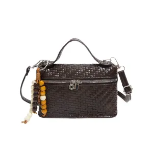Dark brown woven small square bag stylish top handle crossbody handbag with charming beads.
