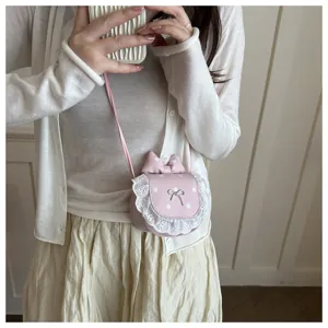 Korean cute mini polka dot shoulder bag with lace bow princess style crossbody bag