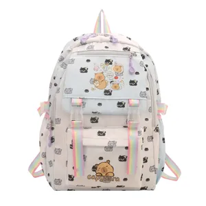 Zaino scolastico carino con stampa capibara e spallacci arcobaleno per studenti.