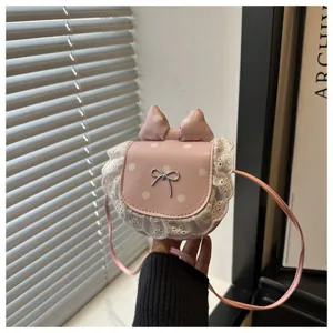 Cute pink polka dot crossbody bag for women, mini lace bow shoulder bag sweet style girl handbag.