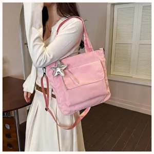 Pink corduroy tote bag for women casual shoulder handbag with star pendant daily commuting chic