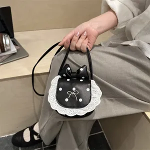 Cute PU Leather Polka Dot Mini Crossbody Bag with Lace Trim Bowknot Details Sweet Princess Style Shoulder Purse For Women