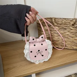 Korean cute pink polka dot lace bow princess style mini shoulder crossbody bag chic